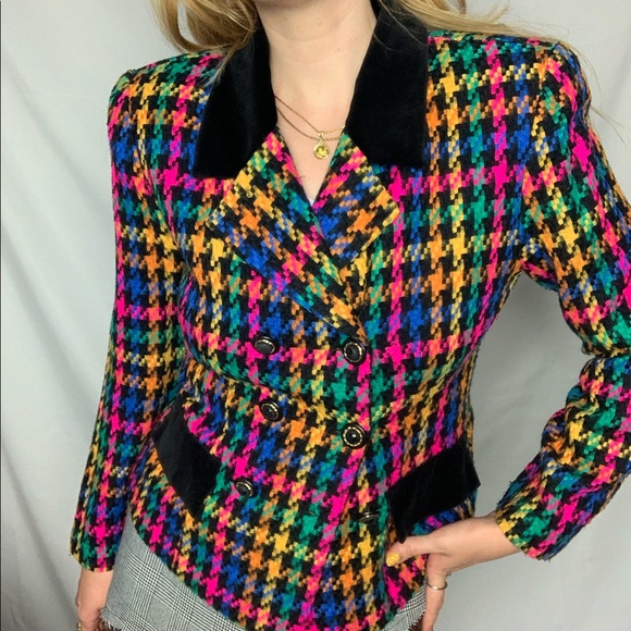 Vintage rainbow houndstooth blazer w/ velvet trim